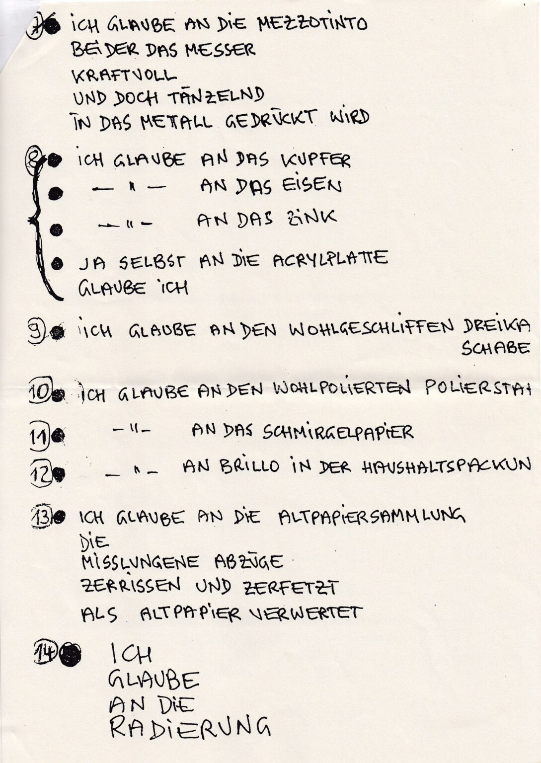 Glaubensbekenntnis, Songtext Erstfassung in Original-Handschrift von Kurt Zein