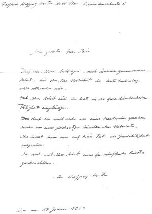 Brief von Prof. Wolfgang Hutter an Kurt Zein, 1974