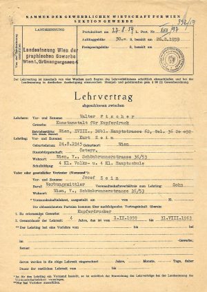 Lehrvertrag von Kurt Zein bei Walter Fischer, 1959